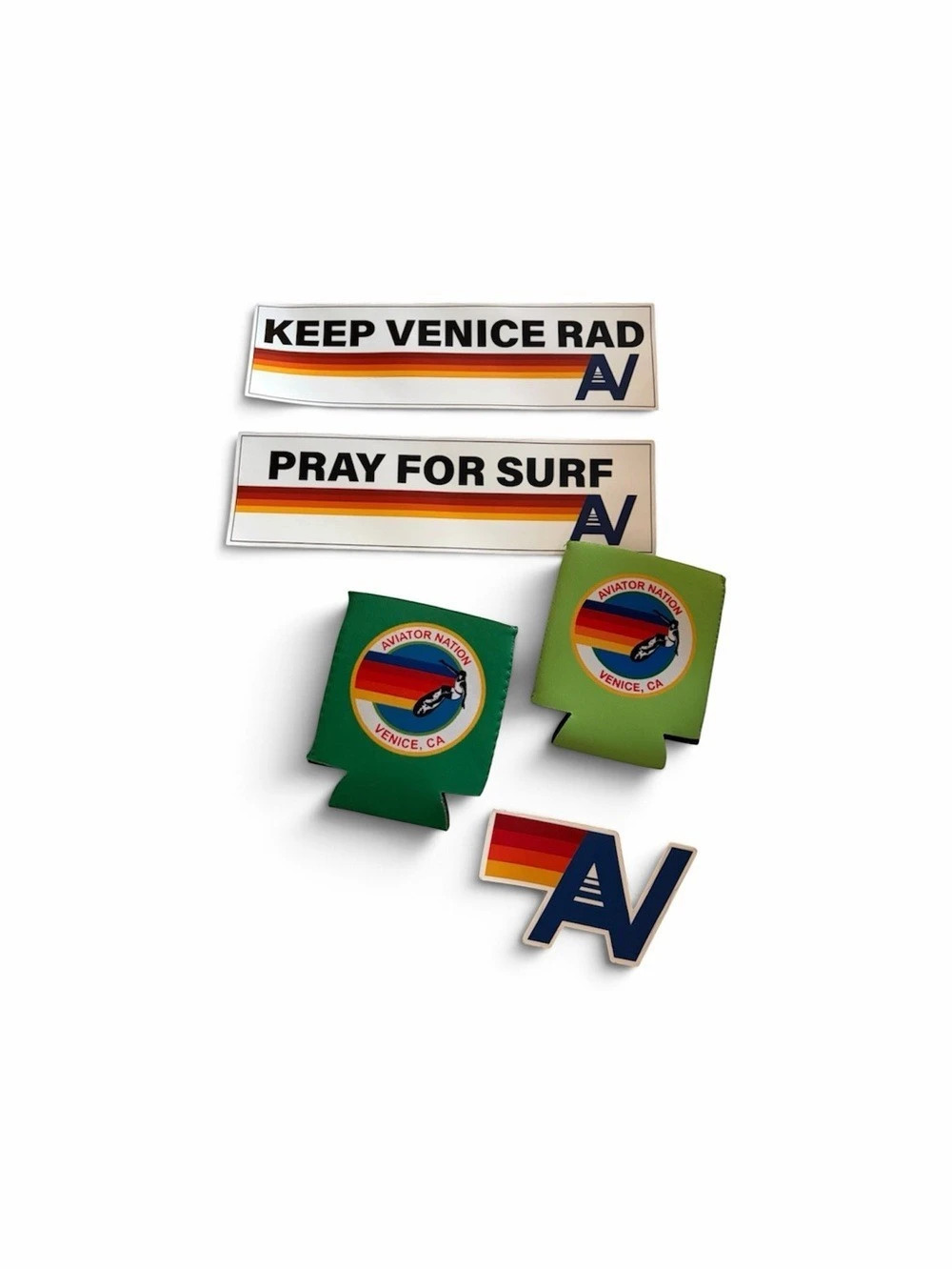 AVIATOR NATION 5-Piece Bundle Can Coolers & Stickers Decals Venice NEW Surf 70S